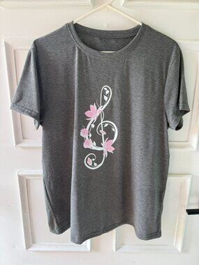 Floral Treble Clef XL T Shirt Heather Gray Pink Music Graphic Tee
